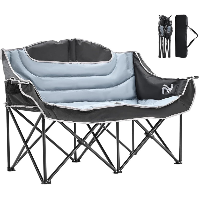 Oversized Double Camping Chair, Folding 2 Person Camping Chair, Fully Padded Chair with Carrying Bag, Black/Gray