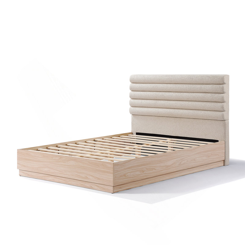 Structure de lit grand en bois avec tête de lit tapissier en tissu Boucle
