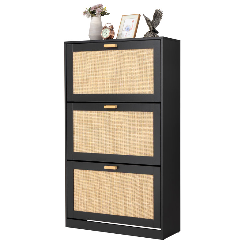 Extended Edition Shoe Cabinet with Natural Rattan Flip Drawers for Entryway, Free Standing 3 Tier Slim Shoe Organizer, Shoe Cabinet with 3-Gear Adjustable Width Drawers