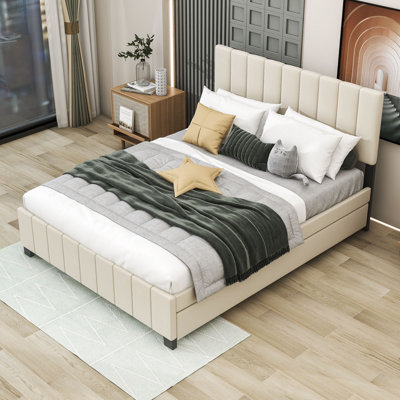 Grand lit plateforme tapissier Malenna avec 2 tiroirs, tête de lit et lit gigogne simple TG