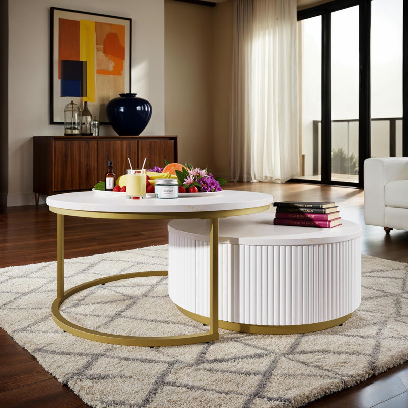 Space-Saving Round Coffee Table Set with Drawer, White, 15.75" H x 27.5" L x 27.5" W