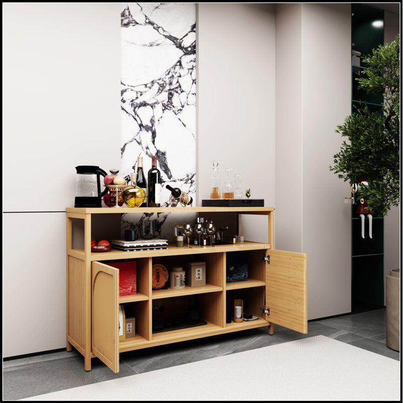 Buffet élégant en bambou avec beaucoup de rangement, parfait pour organiser et rehausser le décor de la salle de bain.