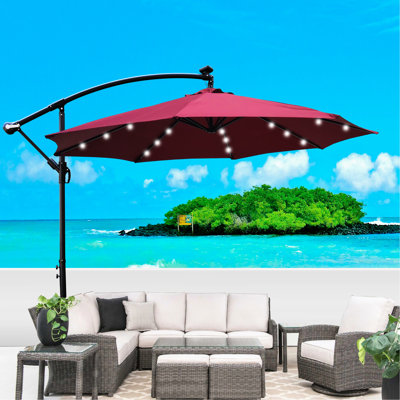 Parasol de patio à énergie solaire 10 pi - eau, 8 nervures, manivelle, base croisée pour espaces extérieurs. Pare-soleil imperméable avec nervures. Manivelle et commodité. Auvent. Rouille - poteau en acier. Énergie