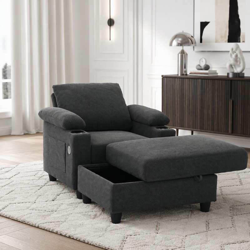 Fauteuil convertible avec repose-pieds, dossier inclinable, porte-gobelets et charge USB, Dark Grey Fabric