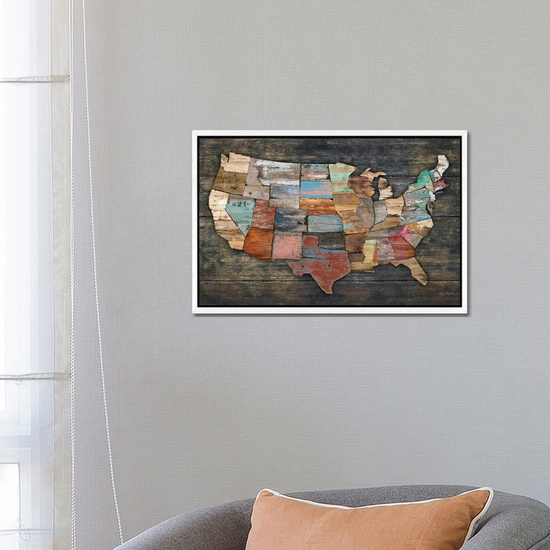 USA Map I by Diego Tirigall - Print on Canvas, White Floater Framed, 66.04 cm H x 45.72 cm W x 4.445 cm D
