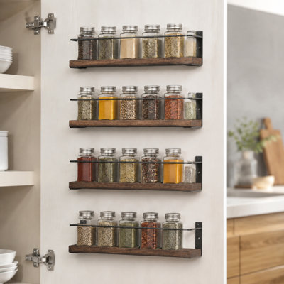 4‑pack wooden hanging spice shelf organizer for cabinet door or wall mounting, complete with 415 spice labels for cupboard, pantry and over‑the‑stove seasoning storage
