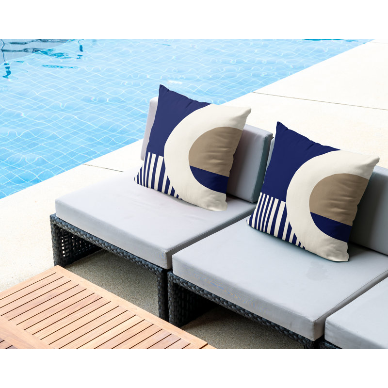 Jeté carré en polyester intérieur / extérieur, Beige/bleu marine, L 19 po x H 19 po