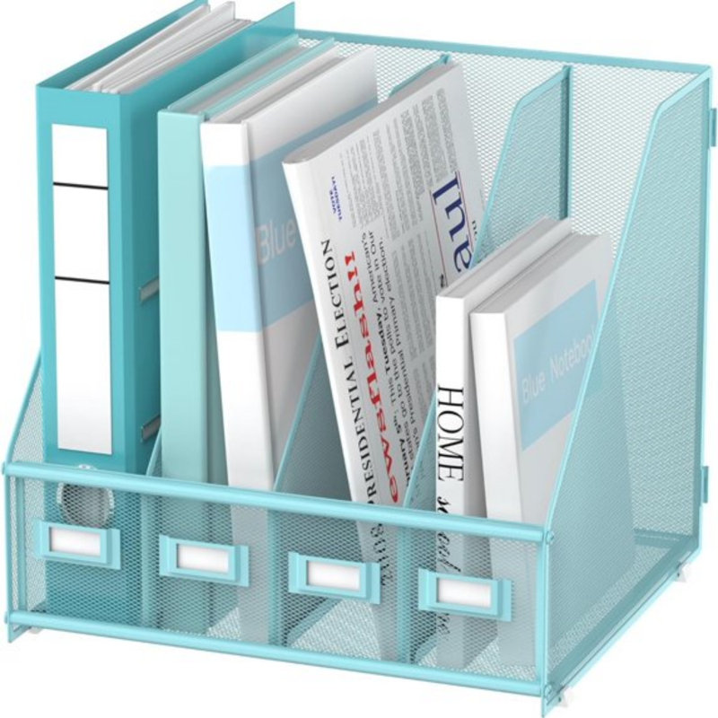 Porte-classeur de bureau en métal, porte-classeur de bureau avec 4 compartiments verticaux, Bleu