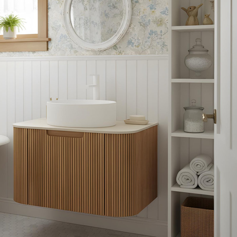 Meuble-lavabo flottant mural de 30 po avec lavabo rond en céramique blanc et tiroir, 30"