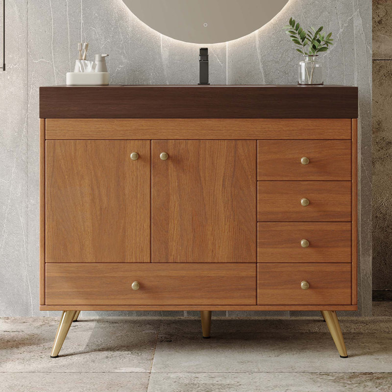 Meuble-lavabo autoportant avec comptoir en faux marbre, lavabo en céramique, 5 tiroirs et pieds en acier inoxydable, Noyer