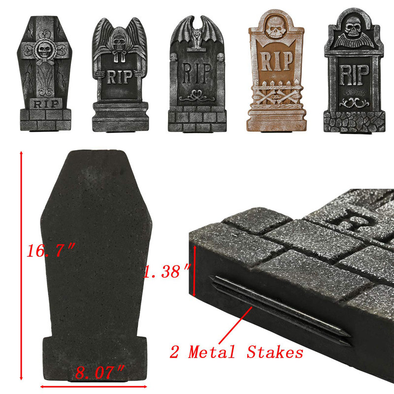 5-Piece 17”H Small Halloween Tombstones with Stakes, Foam RIP Graveyard Decorations for Yard