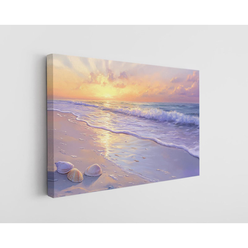 Reproduction d'art sur toile «Peaceful Beach Sunrise» avec coquillages et vagues océaniques pour la maison, H 20 po x l 30 po