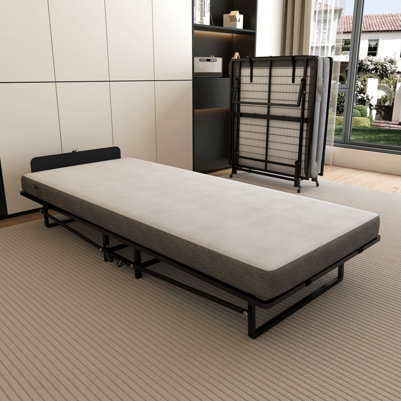 Structure de lit pliante en métal avec matelas en mousse avec poches, rangement facile et mobile avec 4 roulettes