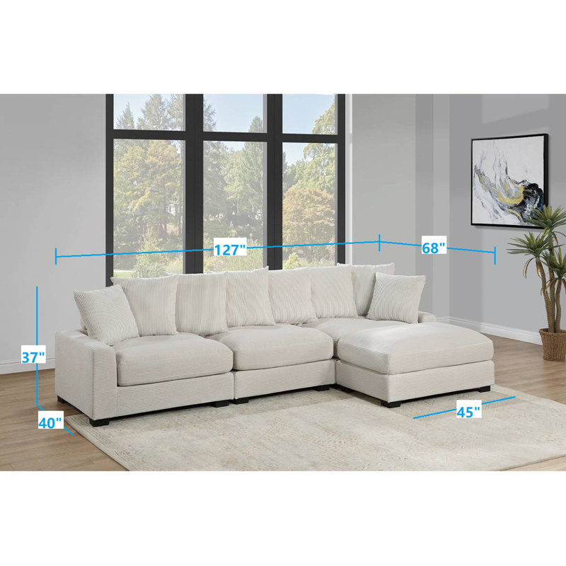Wayde 127" Wide- Modular 4 pc Lounge  Sectional, Ivory/Beige Corduroy