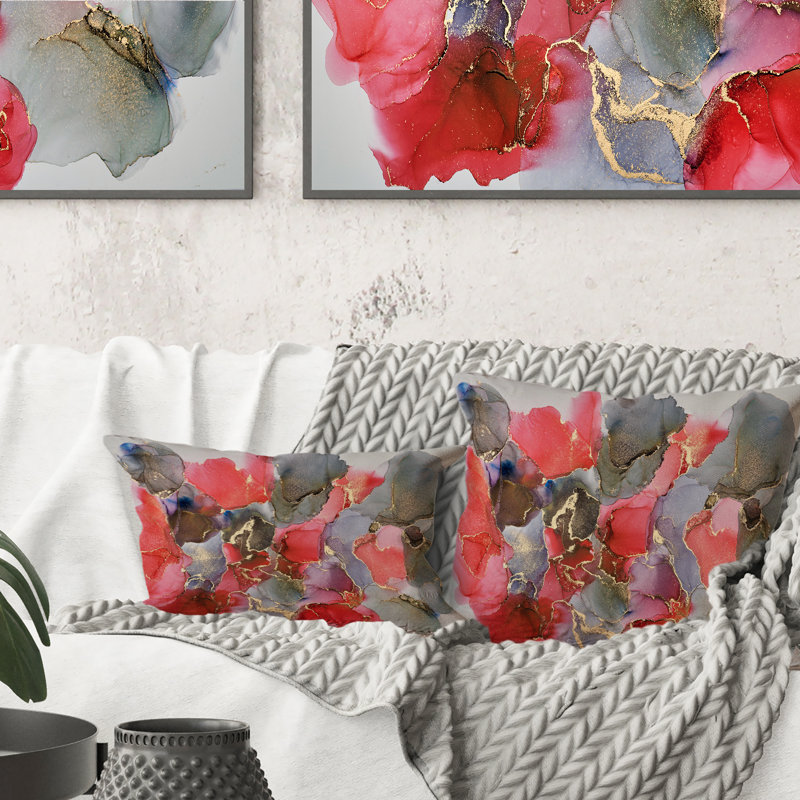 Red And Grey Luxury Abstract Fluid Art - Modern Printed Throw Pillow, 16" x 16"