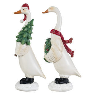 9.75"H S/2 Christmas Resin Goose with Wreath and Tree Table Decor (Set of 2)