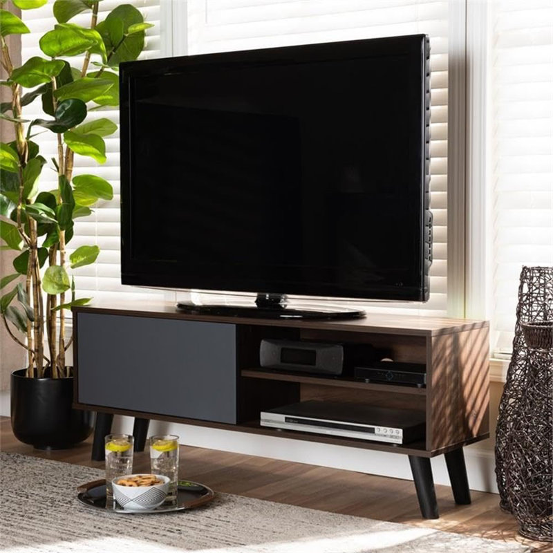  Meuble télé bicolore en bois de noyer brun et gris de style moderne