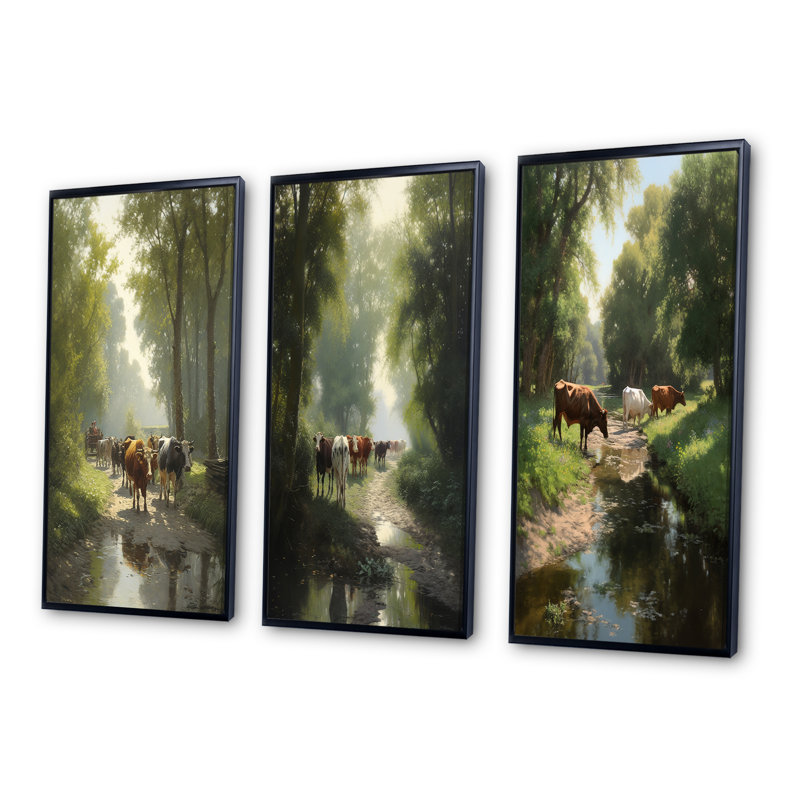 Cattle Cows Walking Near A Pond Rural Scene - Animals Cow Art Set Of 3 Pieces, Cadre noir, H 32 po x l 48 po
