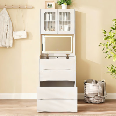 31 Vanity Table With 79.75 Lb Weight, 19.09 In Depth, 15.95 Width, 62 Height, Led Mirror, 5 Storage Spaces, White , Stool For Bedroom Stool,