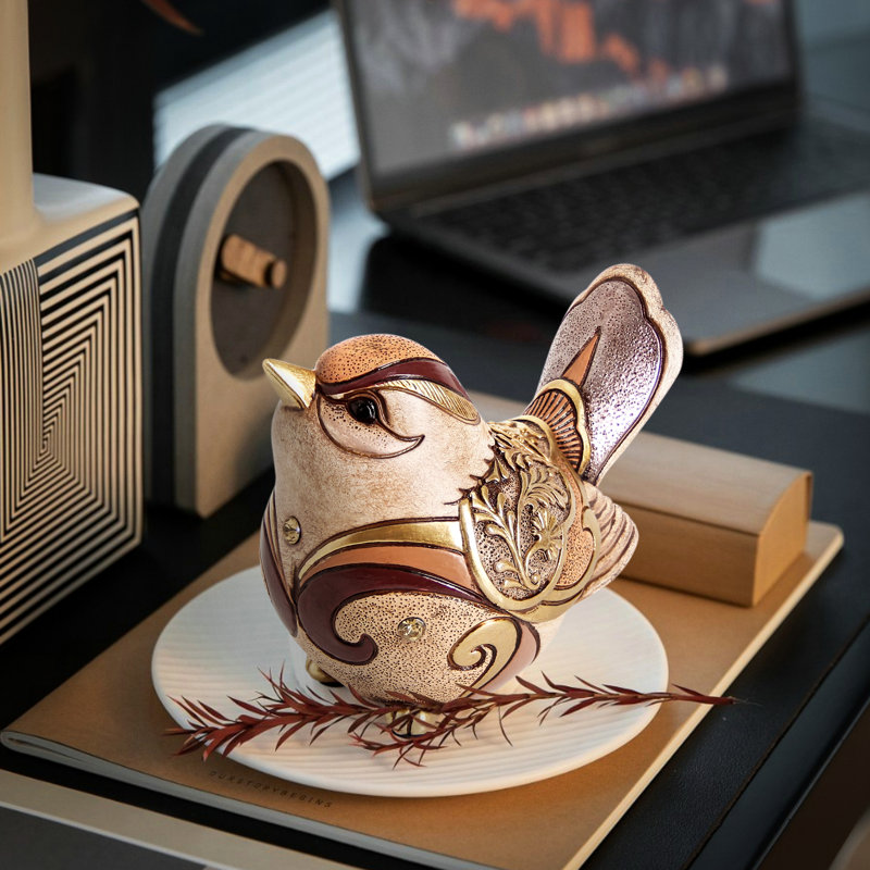 Resin Bird Figurine with Golden Patterns and Crystal Accents