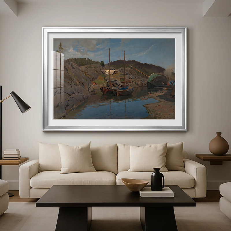 Bateaux sur le rivage - Hans Gude - reproduction encadrée avec passe-partout et verre - c. 1870, 30 x 5 x 42,5, Argent