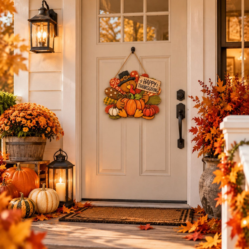 Panneau de porte «Happy Thanksgiving», décoration d'automne rustique citrouille en bois