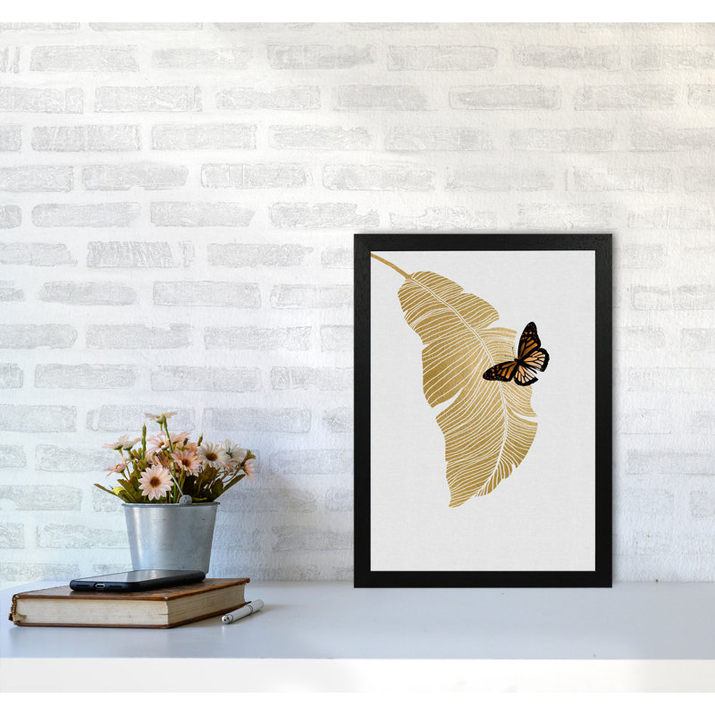 Butterfly & Palm Leaf - Print, 30 cm H x 21 cm W x 5 cm D, Black Grain Frame