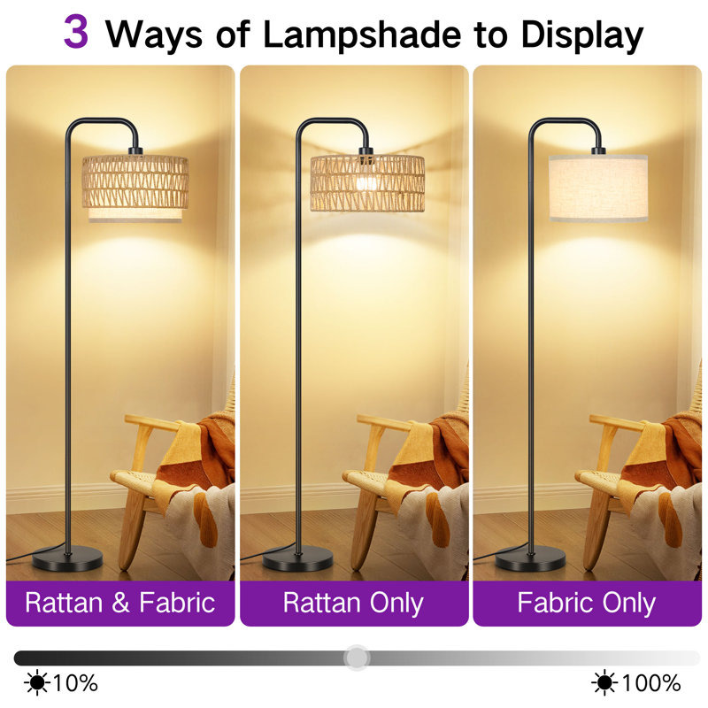 Lampe sur pied en rotin arqué 68 po avec ampoule et télécommande, Noir, noir, noir, noir