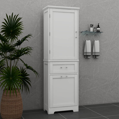 Tall Bathroom Storage Cabinet Freestanding With Two Different Sized Drawers Adjustable Shelf Painted Board