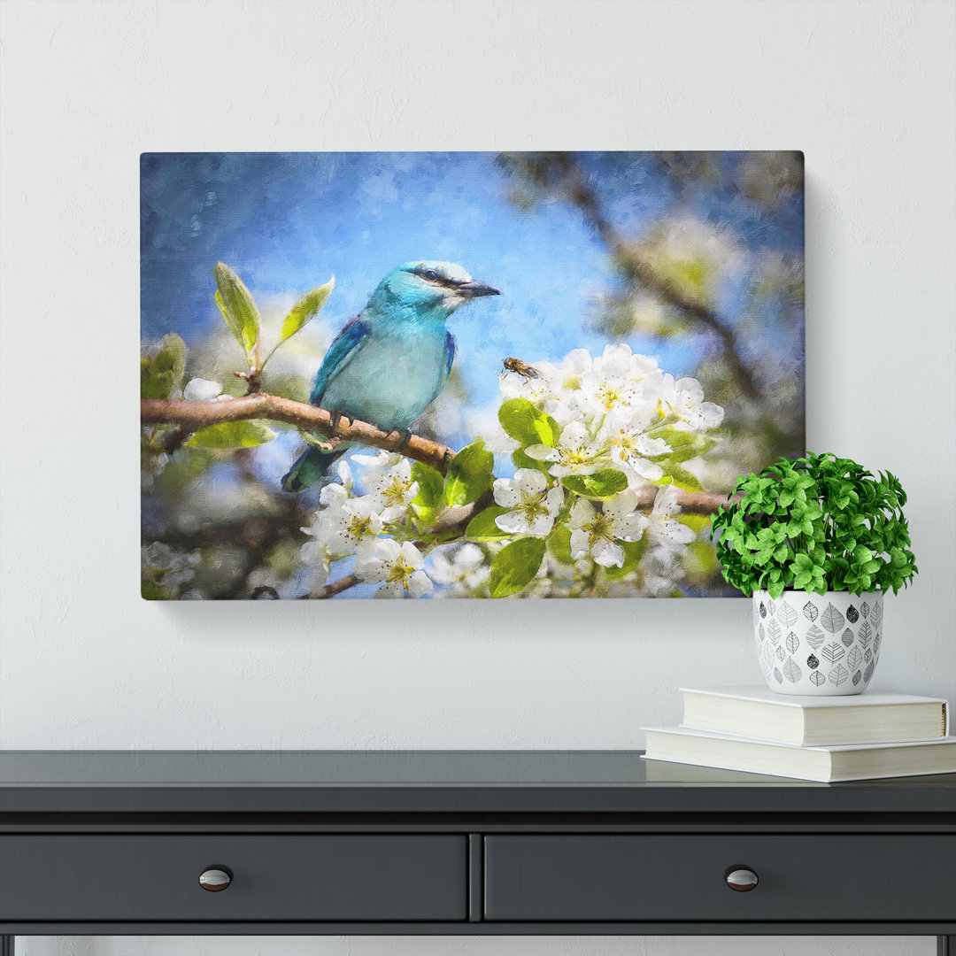 Blue Bird & Cherry Blossom Tree Painting - Wrapped Canvas