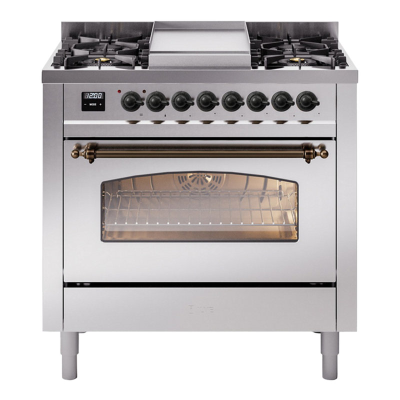 ILVE Nostalgie II Series 36 inch Dual Fuel Range with 6 Burners, Griddle (Glass Door), Stainless Steel/Bronze, Natural Gas
