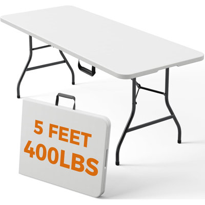 5ft Foldable Folding Table 400lbs, White Heavy Duty Plastic Table with Handle for Parties Camping Picnic