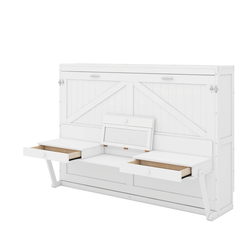 Grand lit escamotable mural avec rangement, armoire-lit pliable avec coiffeuse, miroir central et 2 tiroirs latéraux, Blanc