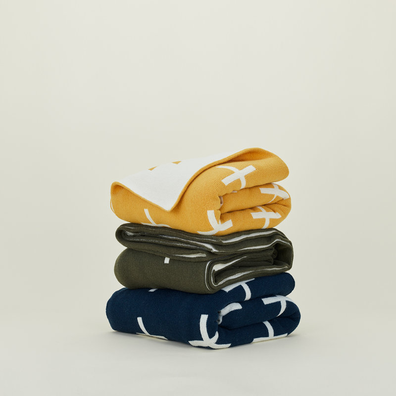 Cross Knitted Throw Blanket, White/Mustard