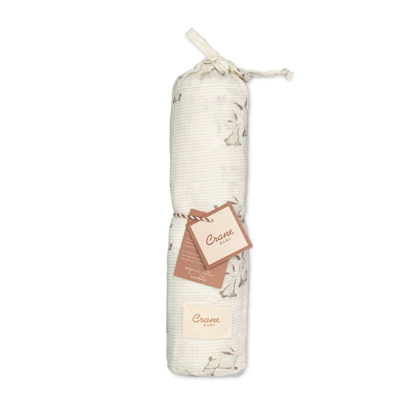 Organic Cotton Swaddle Blanket, 100% Organic Cotton, Bunny Pattern, Crane Baby