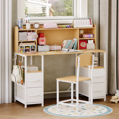 Ensemble bureau et chaise pour enfants avec tablette, 4 tiroirs en tissu, étagères et crochets de rangement, bureau ergonomique pour les devoirs, la lecture, les activités manuelles, la chambre ou la salle de jeux, 6 à 12 ans