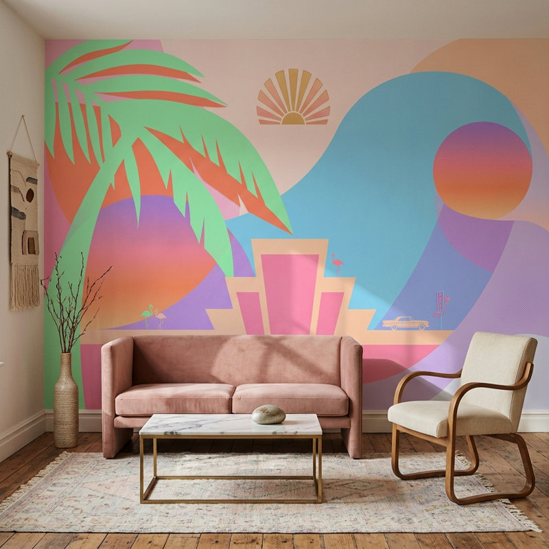 Papier peint Art déco Miami Vibe Tropical, Non tissé, 140 po x 108 po