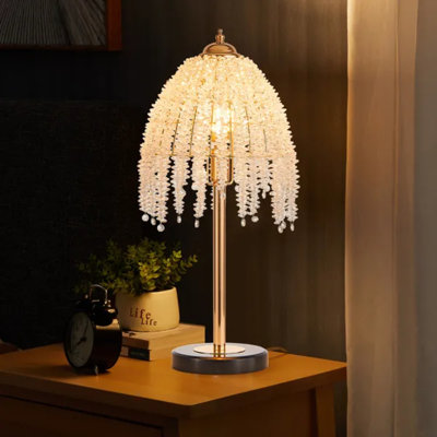 19"(h) Elegant Crystal Table Lamp, Vintage Waterfall Design With Crystal Bead Strings & Marble Textured Base For Living Room, Bedroom, Office (bulb Not Included)