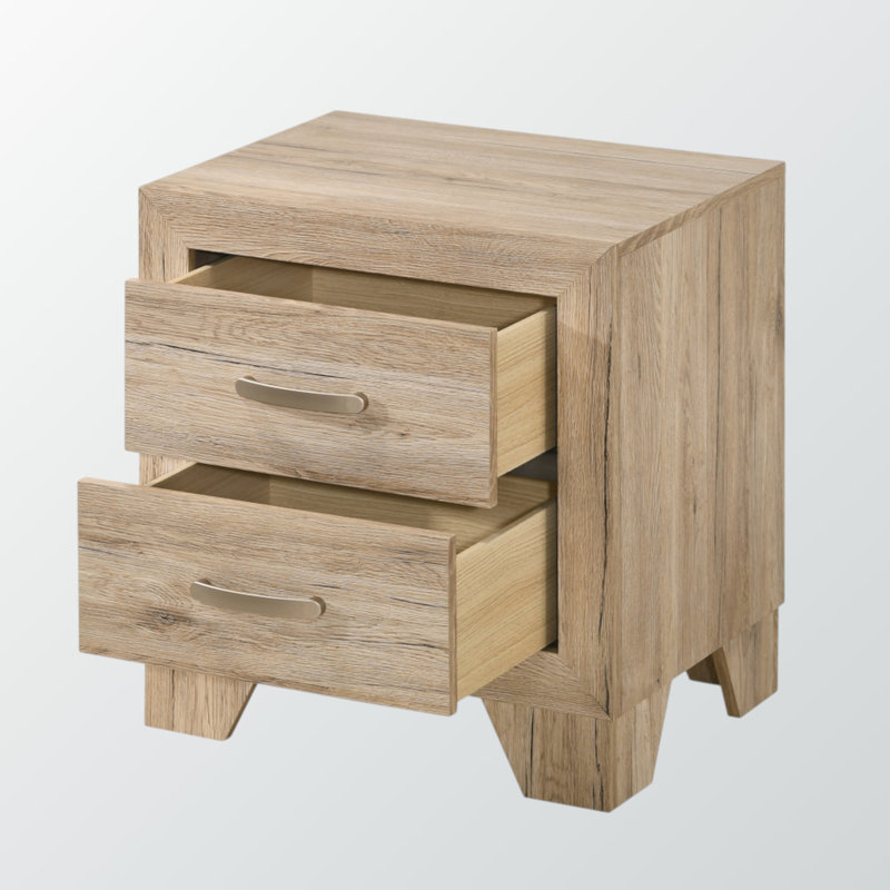 Table de chevet 2 tiroirs Kairo - Table de rangement transitionnelle avec poignées en métal et design moderne, Naturel