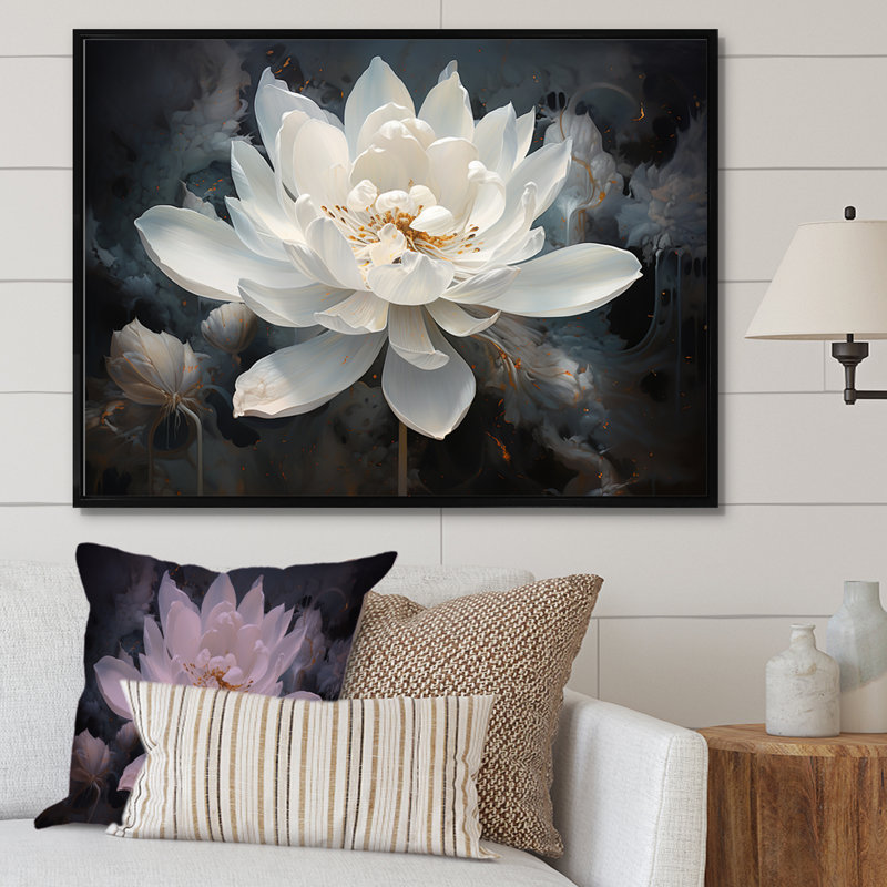 Serenity Blossum Lotus - art mural Lotus, Reproduction avec cadre flottant, H 34 po x l 44 po, Noir