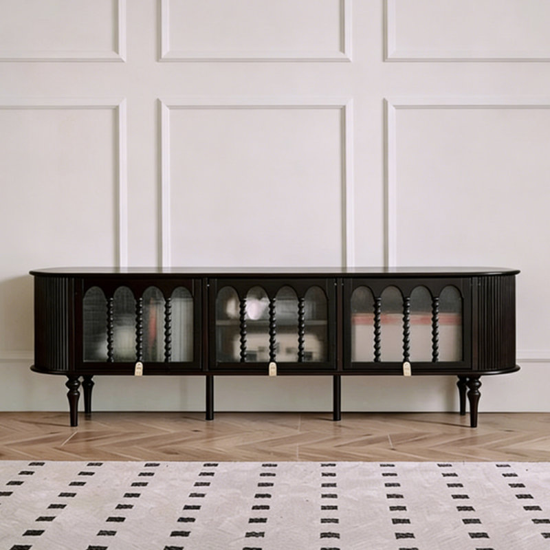 Meuble télé moderne en bois massif noir, 23.43" H x 86.61" W x 15.75" D