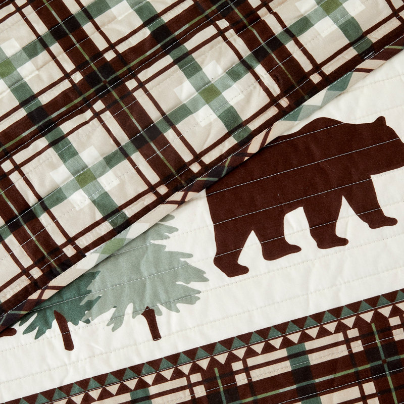 Twin Chocolate and Green Reversible Lodge Plaid Quilt Set