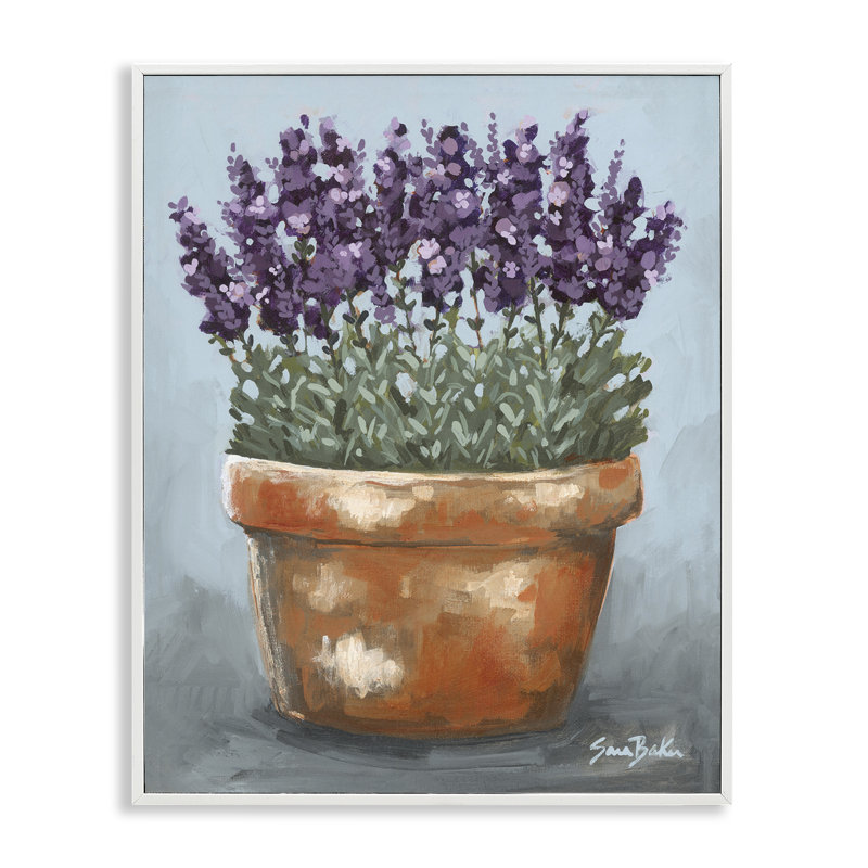 Giclée d'herbes de lavande en pot, design par Sara Baker, H 14 po x l 11 po, Giclée encadrée blanc bord de mer