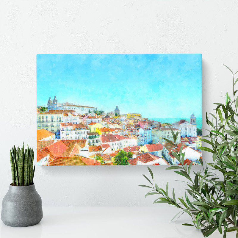 Skyline Of Alfalma Lisbon Portugal Painting - Wrapped Canvas, 40cm H x 60cm W x 3cm D