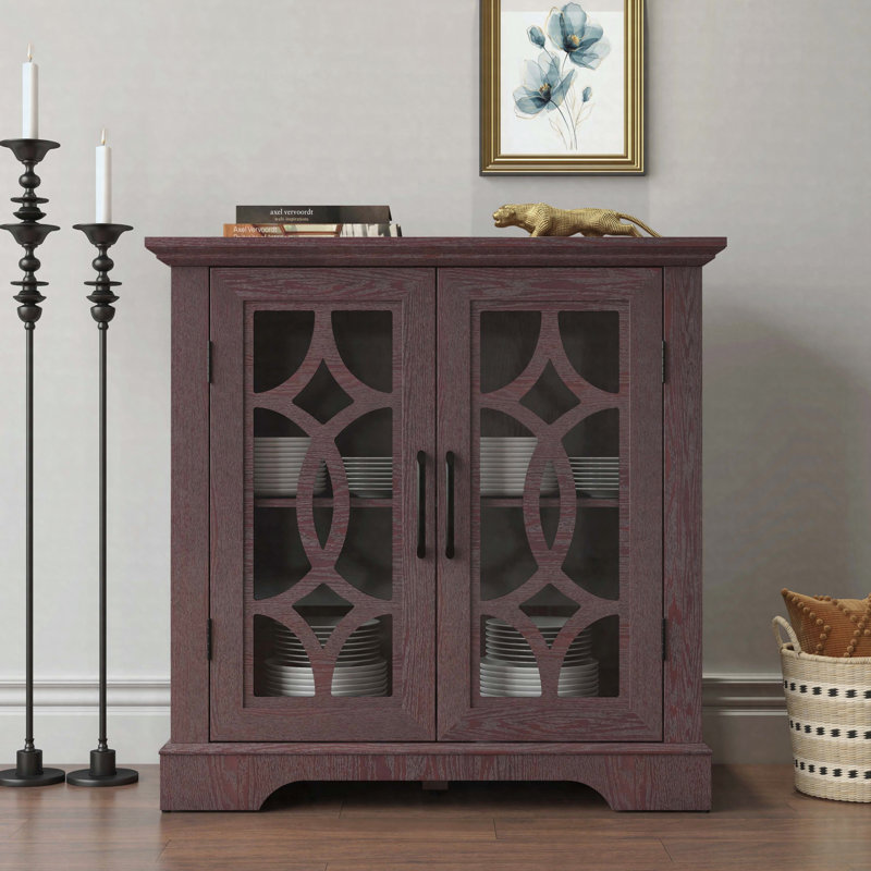 34.37" x 15.55" x 34.06" Sideboard Buffet Cabinet with 2 Tempered Glass Doors, Adjustable Shelf Storage Cabinet, Ox Blood Red