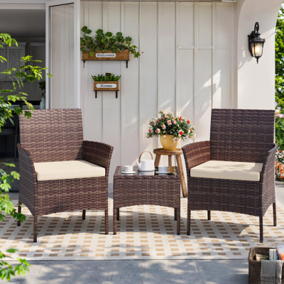 3-Piece Outdoor Wicker Patio Set with Cushions – Flexible Seating for Balcony, Porch, or Small Patio, Available in 6 Versatile Options by Winston Porter