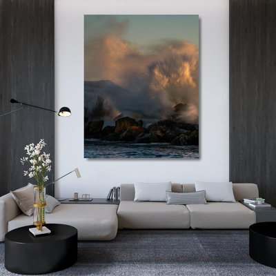 Art sur toile, Jaynes Gallery, Minnesota, lac Supérieur, vagues du lac se brisant sur des rochers au coucher du soleil US24 BJY0348