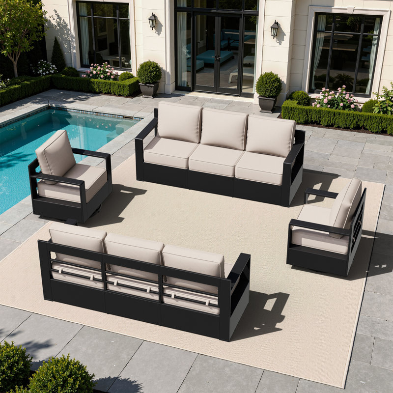 Ensemble de patio d'extérieur en aluminium 4 pièces avec 2 canapés, 2 chaises pivotantes et coussin beige Abdullah, Beige