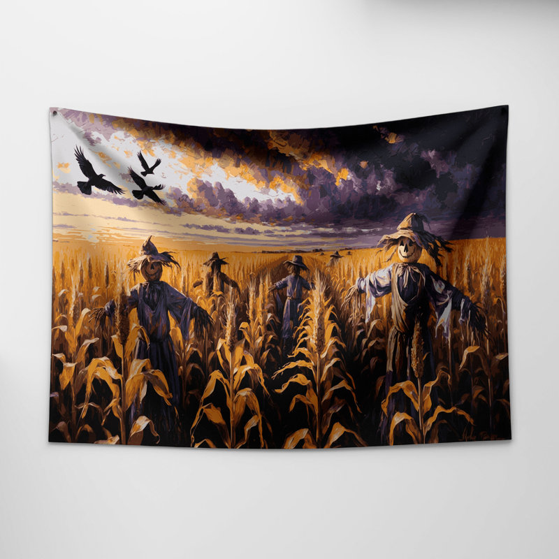 Tapisserie murale d'Halloween avec champs de maïs et épouvantails, 26 po x 36 po