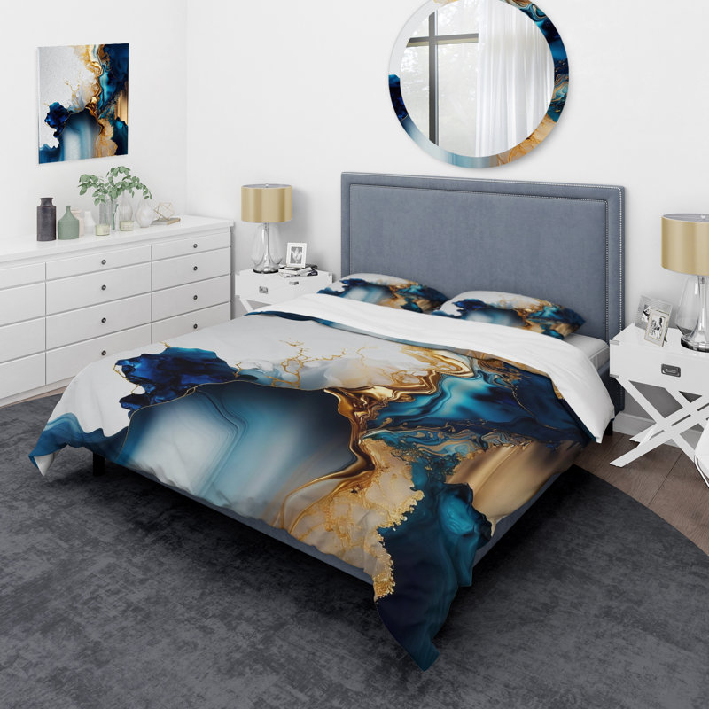Abstract Geode Gold And Blue Marble I - Abstract Marble Duvet Cover Set, King Duvet Cover + 2 King Shams